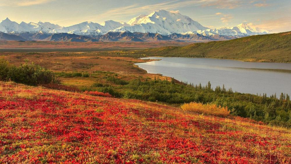 Stunning Autumn Landscape with Majestic Mountains and Serene Lake wallpaper