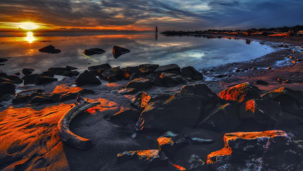 Serene Sunset Over Tranquil Waters and Rocks wallpaper