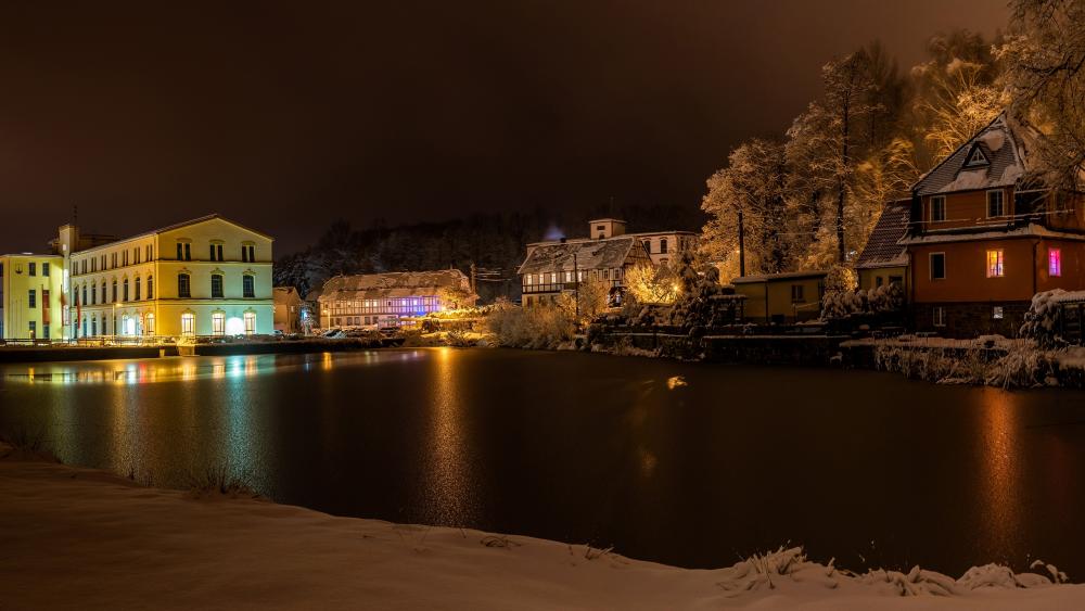 Winter Night in a Charming Cityscape wallpaper