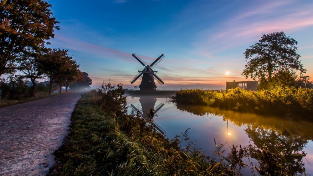 Serene Morning by the Windmill and Waterway wallpaper