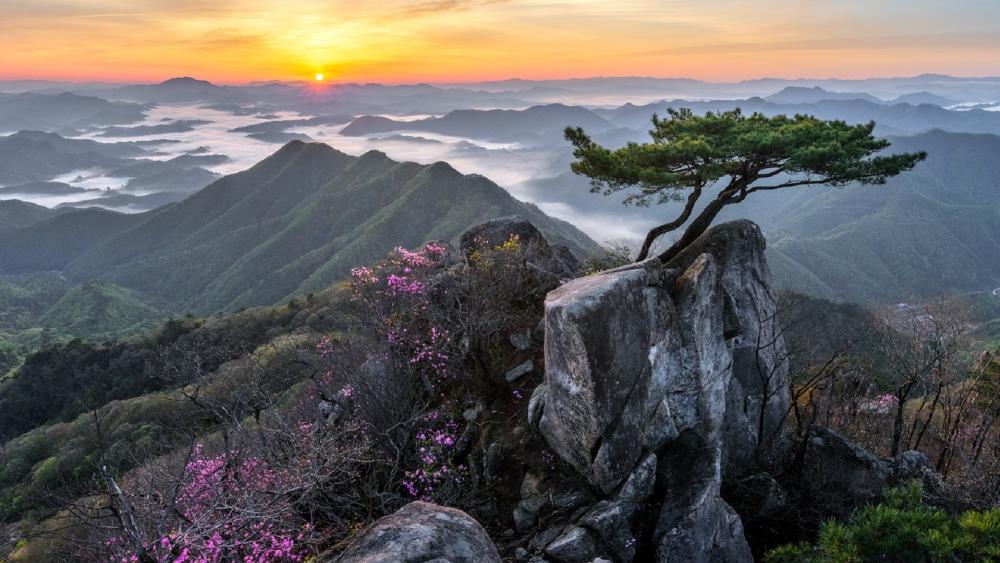 Majestic Mountain Sunrise Over Serene Valleys wallpaper