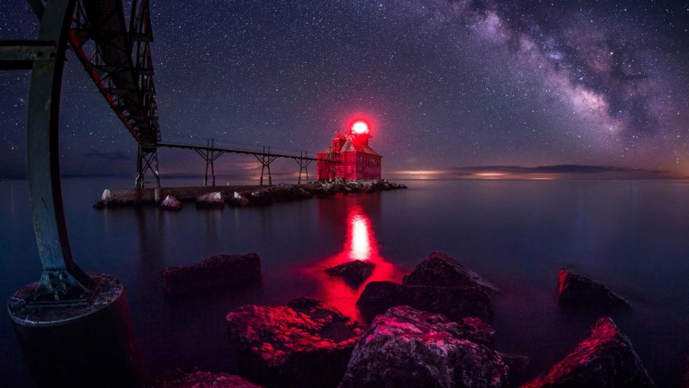 Mystical Milky Way Over Lighthouse Nightscape wallpaper
