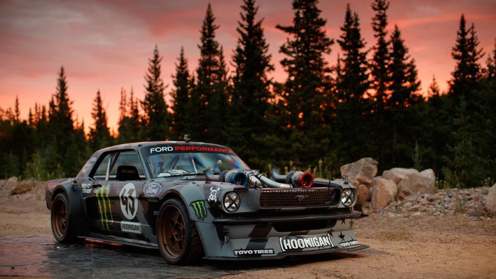 Classic Drift Car in Stunning Sunset Scene wallpaper