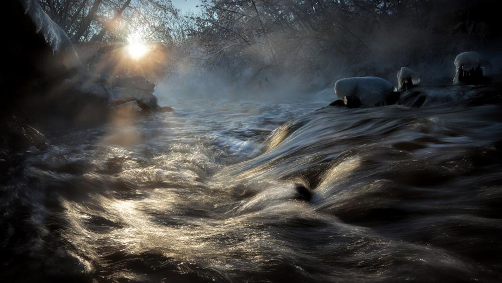Winter's Gentle Flowing Stream at Dawn wallpaper