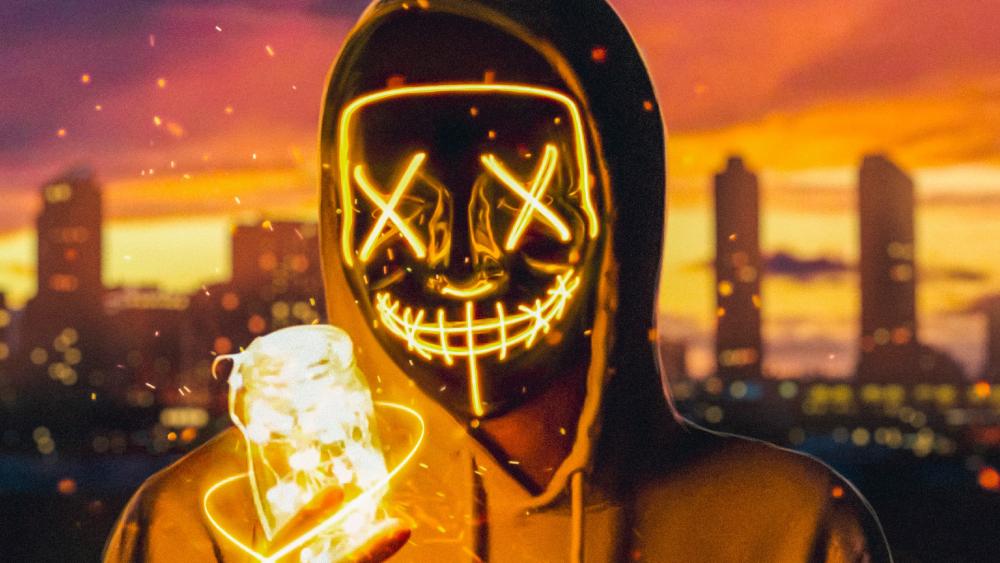 Neon mask guy with a light jar wallpaper