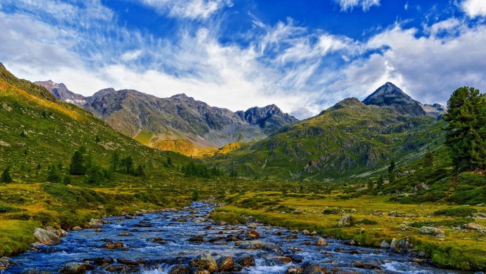 Majestic Mountain Stream View wallpaper