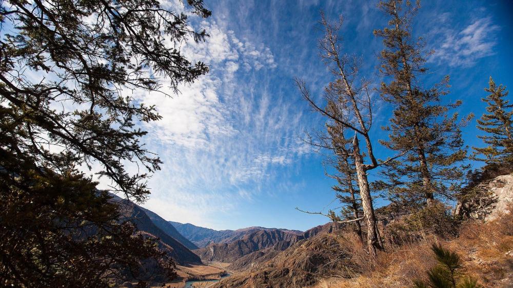 Majestic Mountain Landscape Under a Blue Sky wallpaper