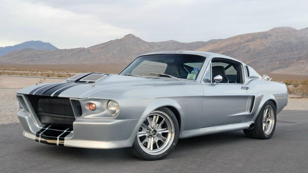 Classic Silver Mustang in a Desert Landscape wallpaper