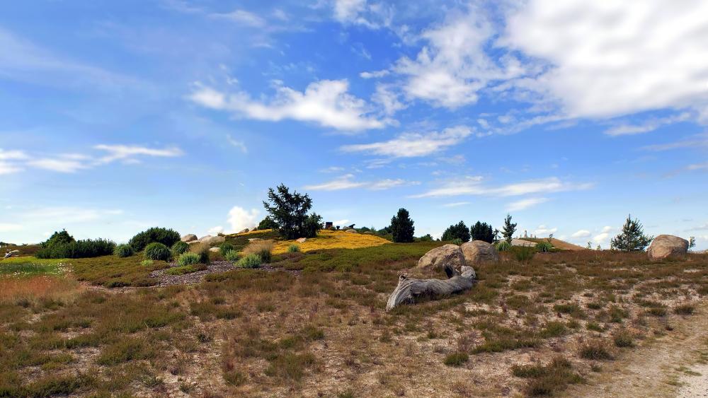 Serene Landscape Under Blue Skies with Rolling Hills and Boulders wallpaper