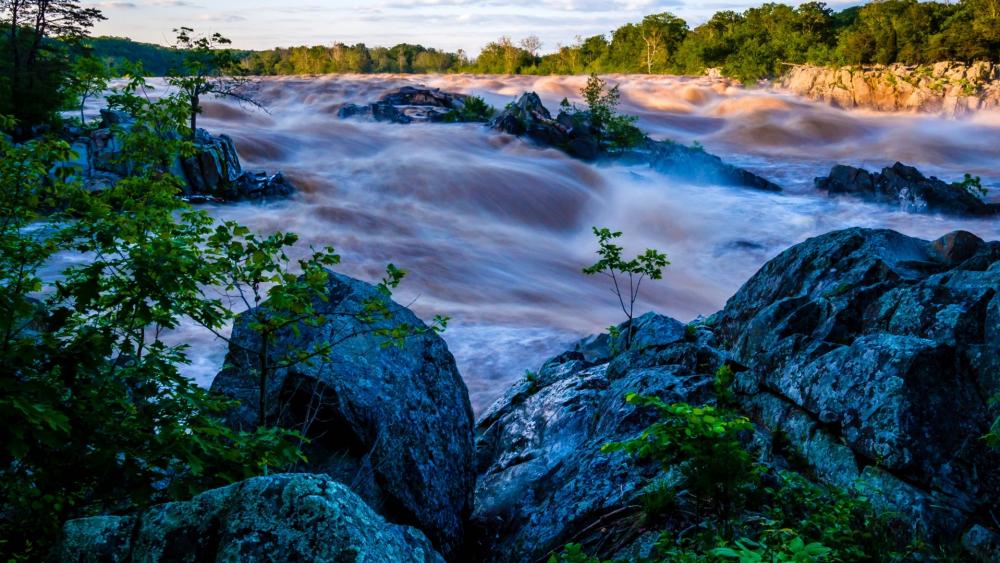 Majestic River Waterfall Scene Capturing Nature's Beauty wallpaper