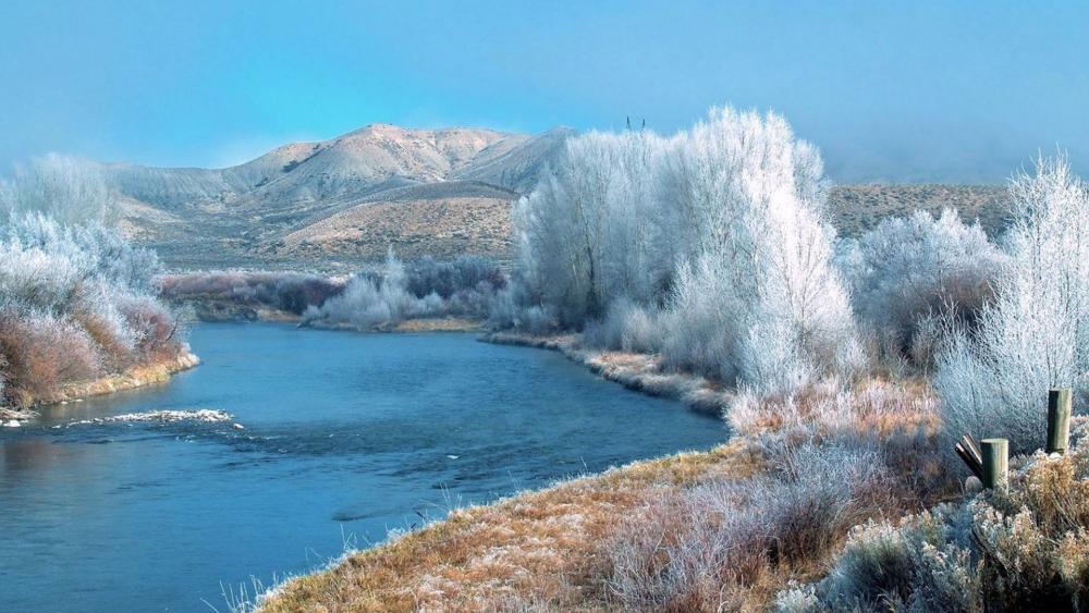 Frozen River in Serene Winter Landscape wallpaper