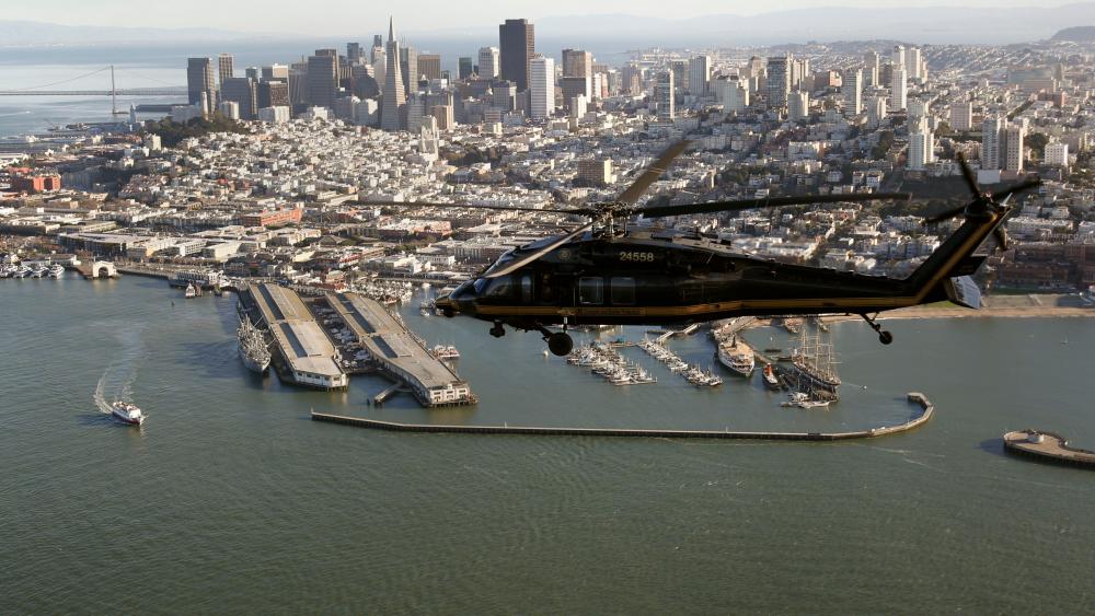 Black Hawk Helicopter Flies Over San Francisco wallpaper