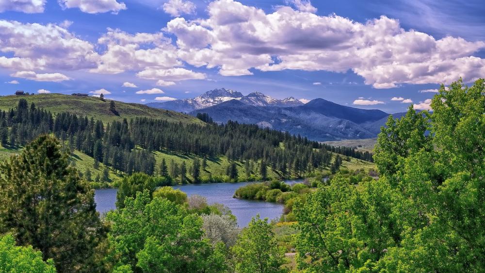 Serene Mountain Lake View with Lush Greenery wallpaper