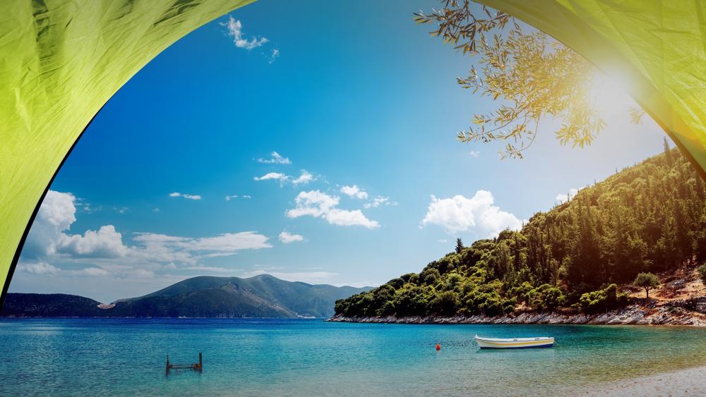 Serene Coastal Escape Under a Green Canopy wallpaper