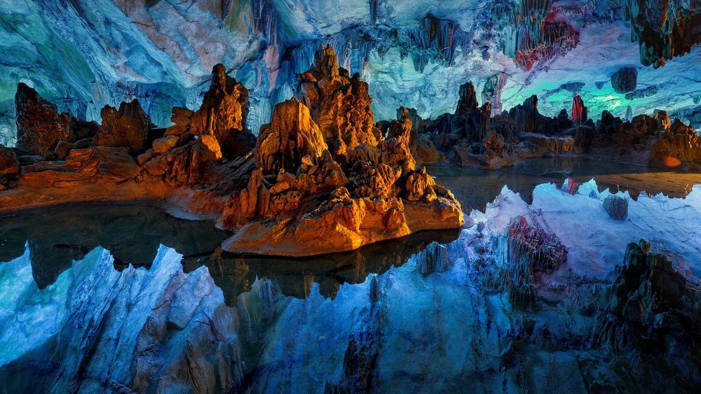 Majestic Underground Cave Landscape with Reflections wallpaper