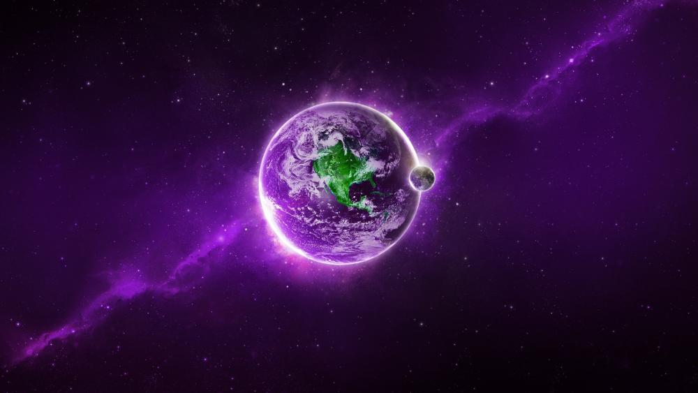 Earth and moon in purple wallpaper