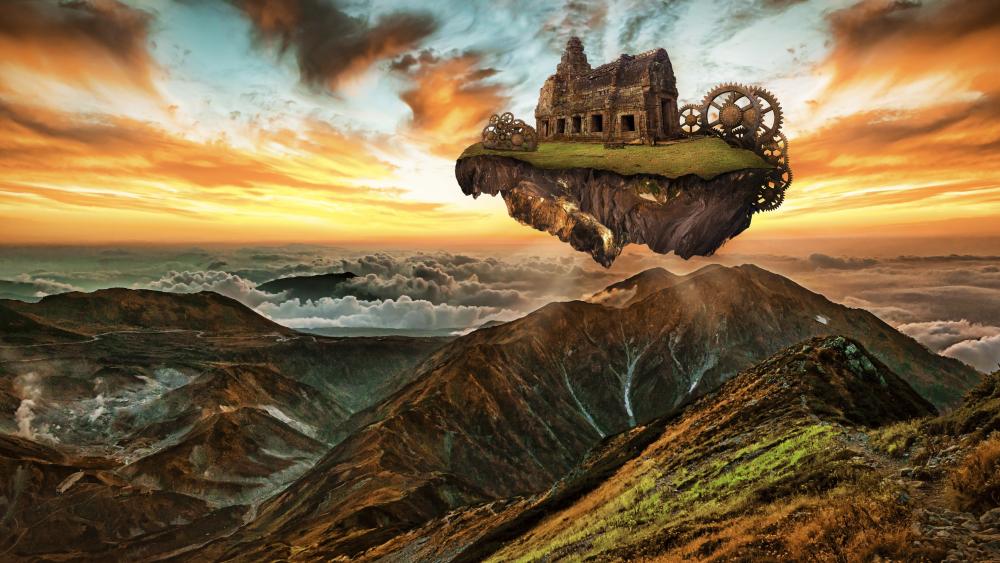 Floating island with mechanical ruins over mountains wallpaper