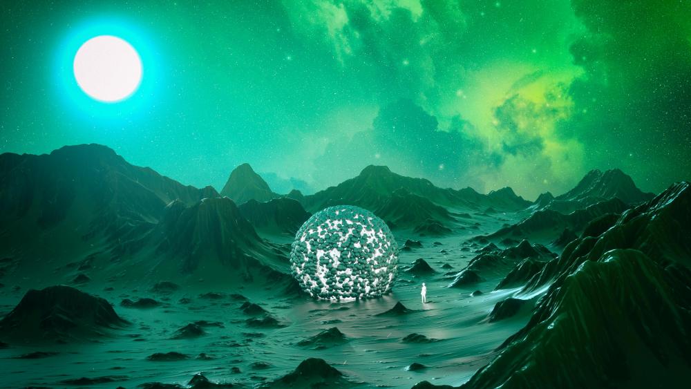 Mystical Landscape with Floating Sphere and Otherworldly Sun wallpaper