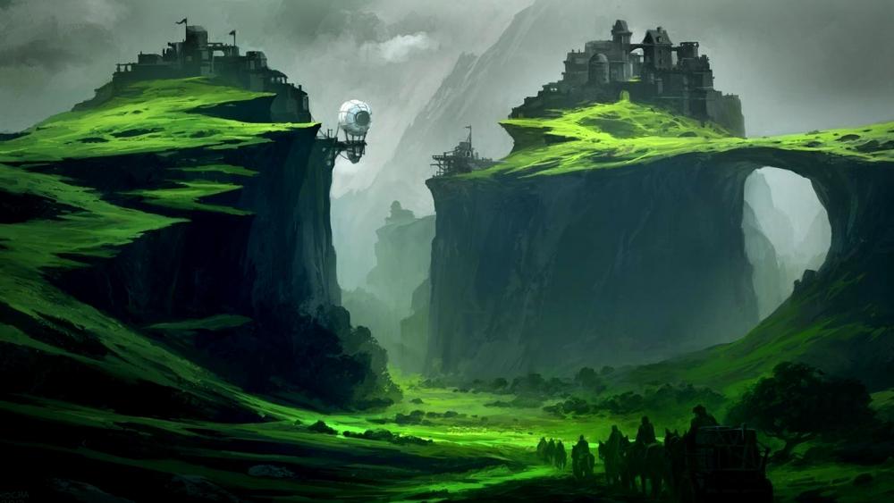 Mystical Green Cliffs Enshrining Castles wallpaper