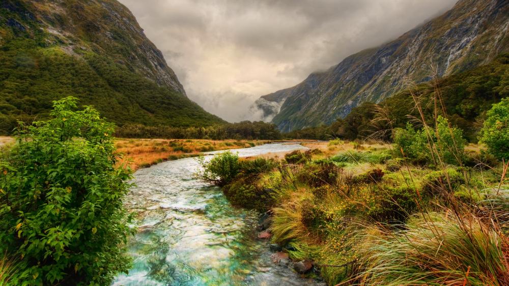 Tranquil Mountain Stream Amidst Lush Valley wallpaper