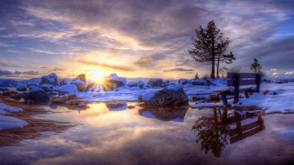 Serene Winter Sunset Reflection in Nature wallpaper