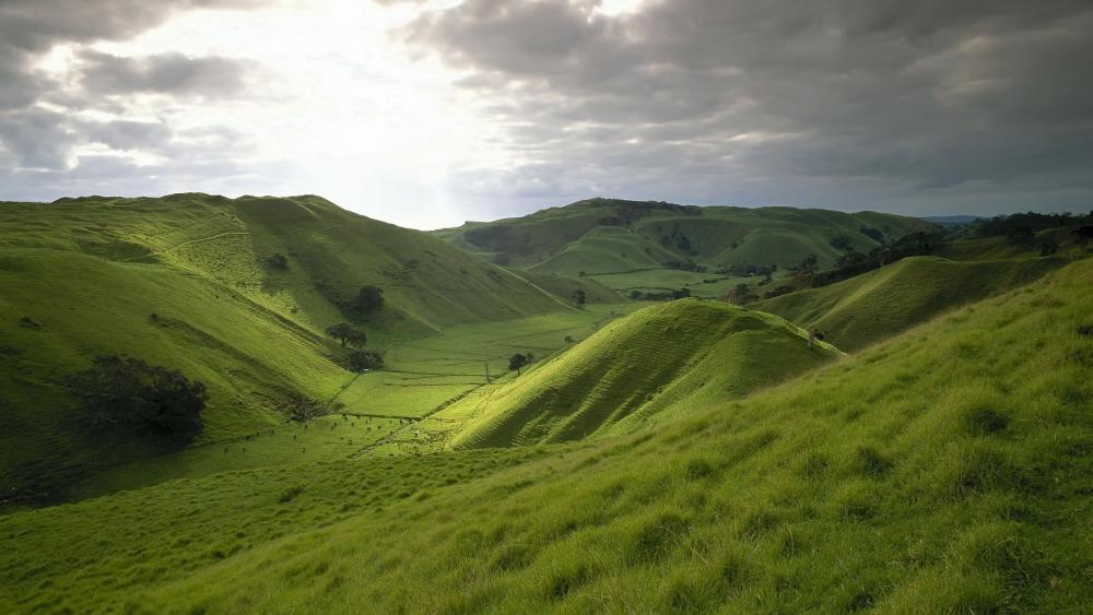 Serene Green Hills Under Dramatic Clouds wallpaper
