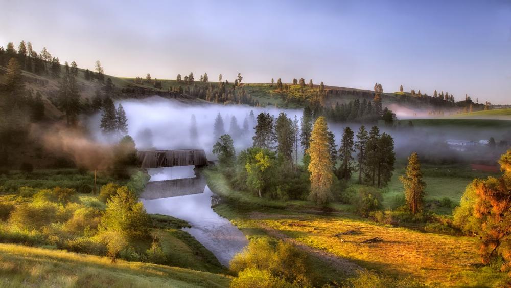 Serene Misty Morning Over Tranquil River Landscape wallpaper