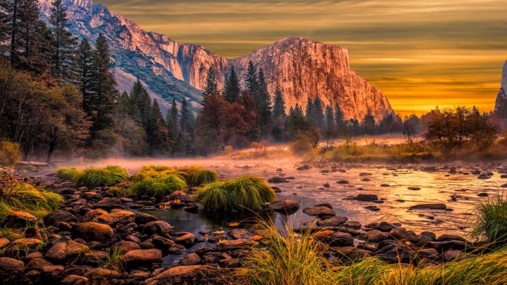 Serene Mountain River at Dusk wallpaper