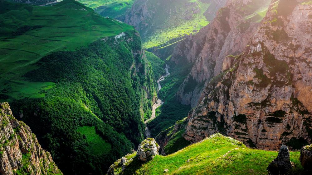 Majestic Green Valleys in Sunlight wallpaper
