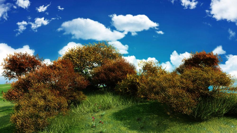 Vibrant Autumn Landscape with Rolling Clouds wallpaper