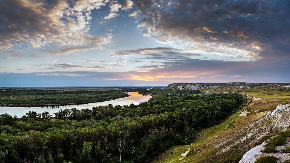 Serene River Landscape at Dusk wallpaper