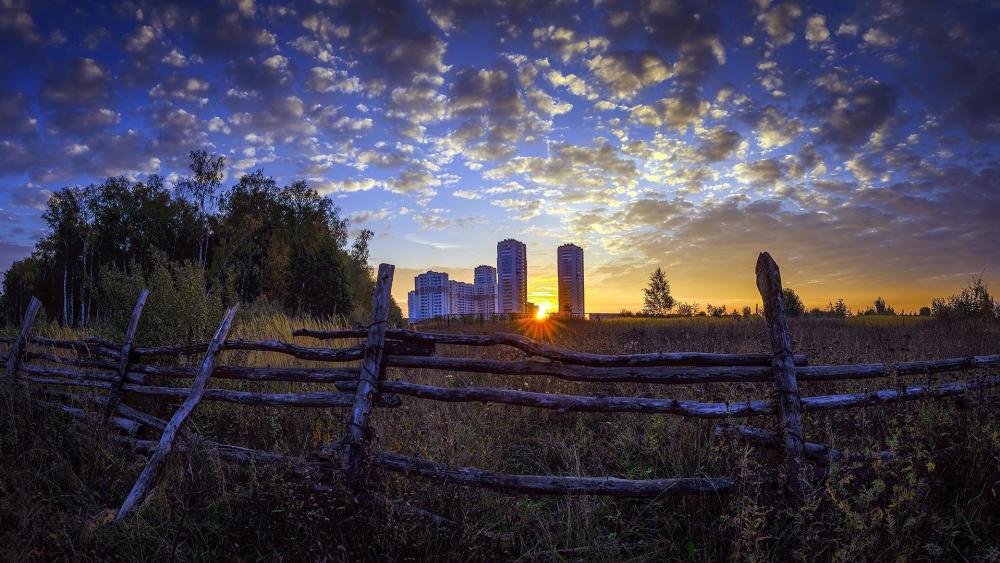 Serene Sunset Over City Skyline Amidst Nature's Embrace wallpaper