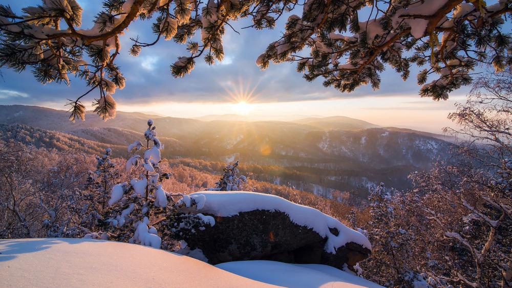 Majestic Winter Sunrise Over Snow-Capped Mountains wallpaper