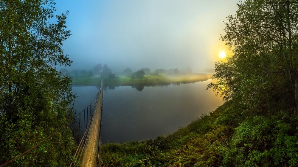 Misty River at Sunrise Awash in Serenity wallpaper