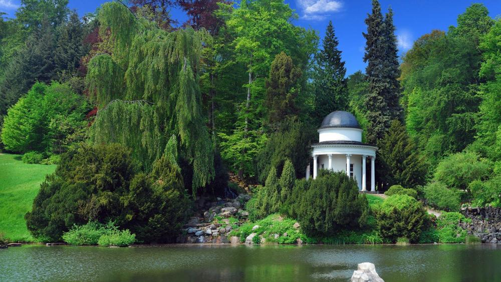 Serene Garden by the Lake wallpaper
