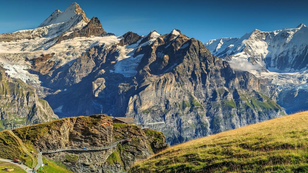 Majestic Mountain Landscape with Glaciers and Greenery wallpaper