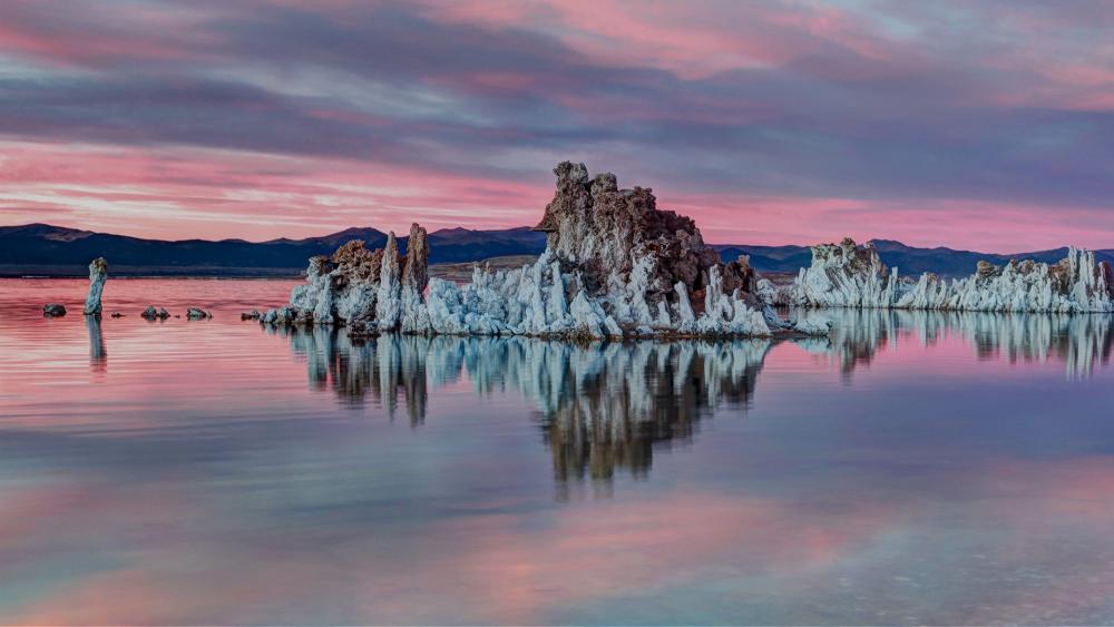 Serene Tufa Formations Under Colorful Sunset Sky wallpaper