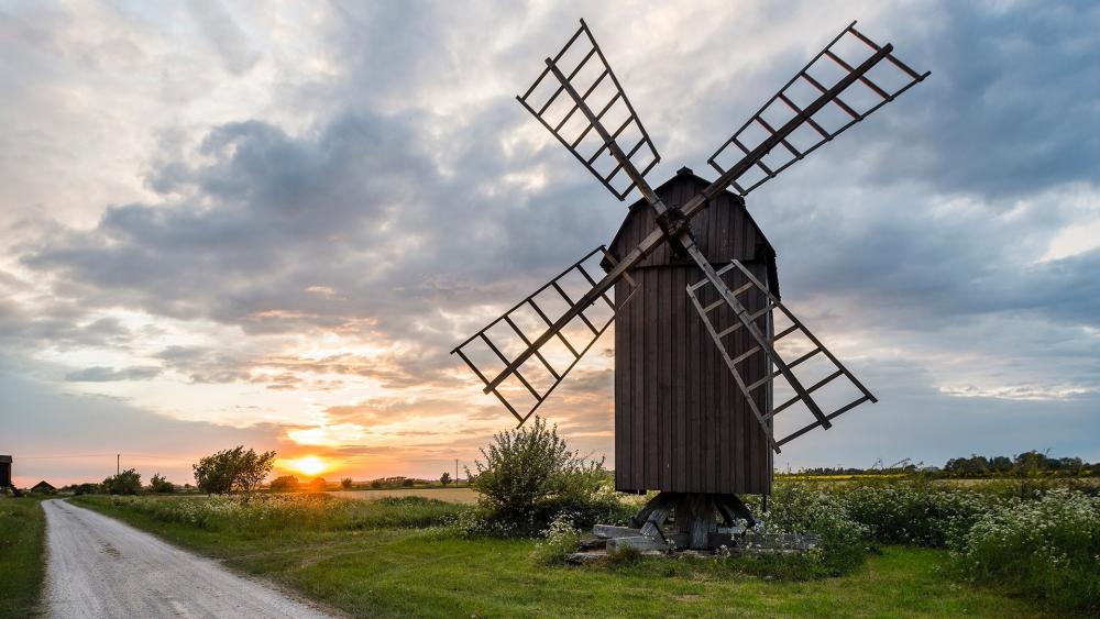 Serene Sunset at the Historic Windmill wallpaper