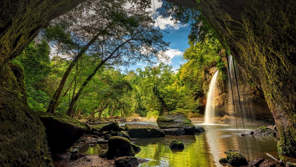 Serene Jungle Waterfall Scene wallpaper