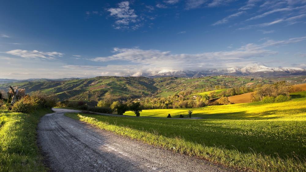 Serene Landscape of Rolling Hills and Mountains wallpaper