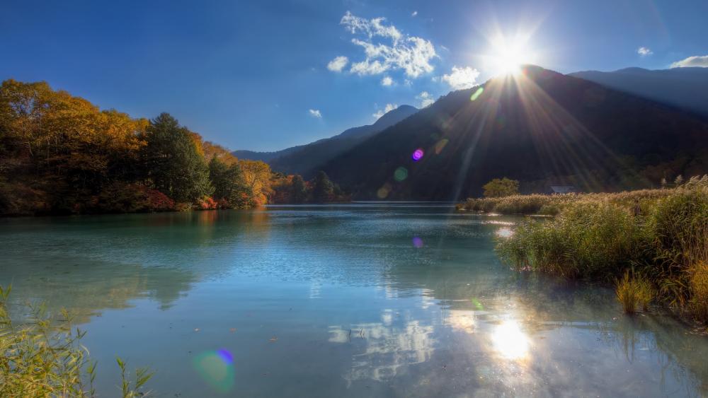 Serene Lake Reflection Under a Bright Sunlight wallpaper