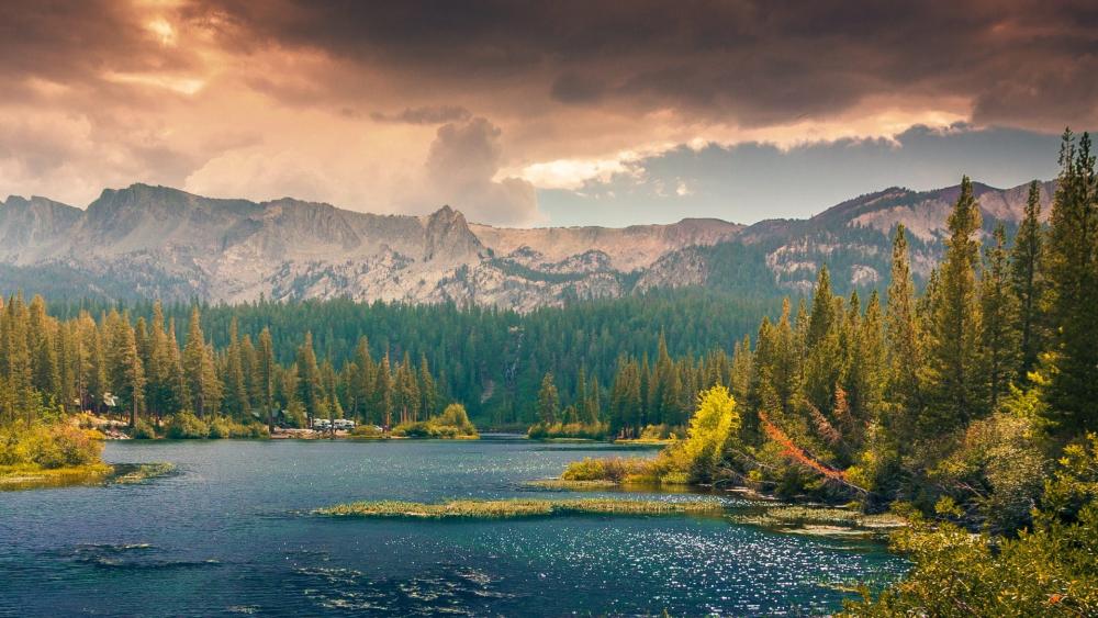 Serene Lake Amidst Majestic Mountains and Pine Forests wallpaper