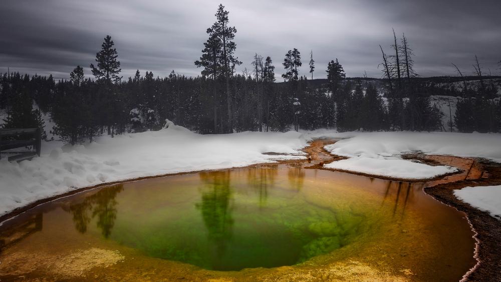 Mystical Hot Spring in a Winter Landscape wallpaper