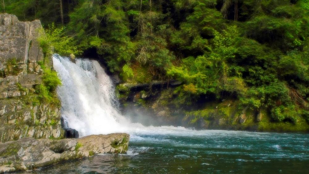 Serenity of a Cascading Waterfall in Lush Greenery wallpaper