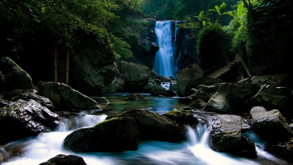 Tranquil Waterfall Amidst Lush Greenery wallpaper
