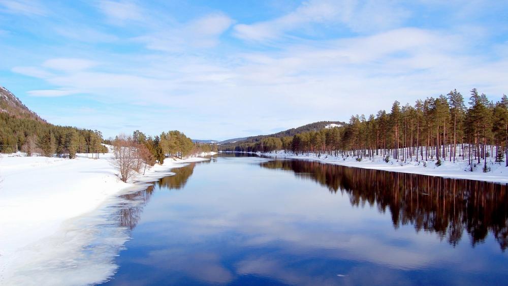 Serene Winter Landscape by Tranquil River wallpaper