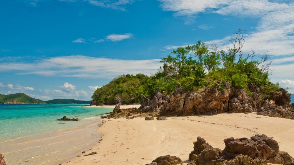 Tropical Paradise with Serene Waters and Golden Sands wallpaper