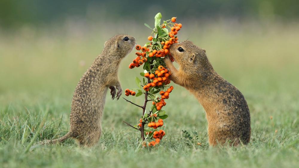 Squirrels Enjoying Their Colorful Treats wallpaper