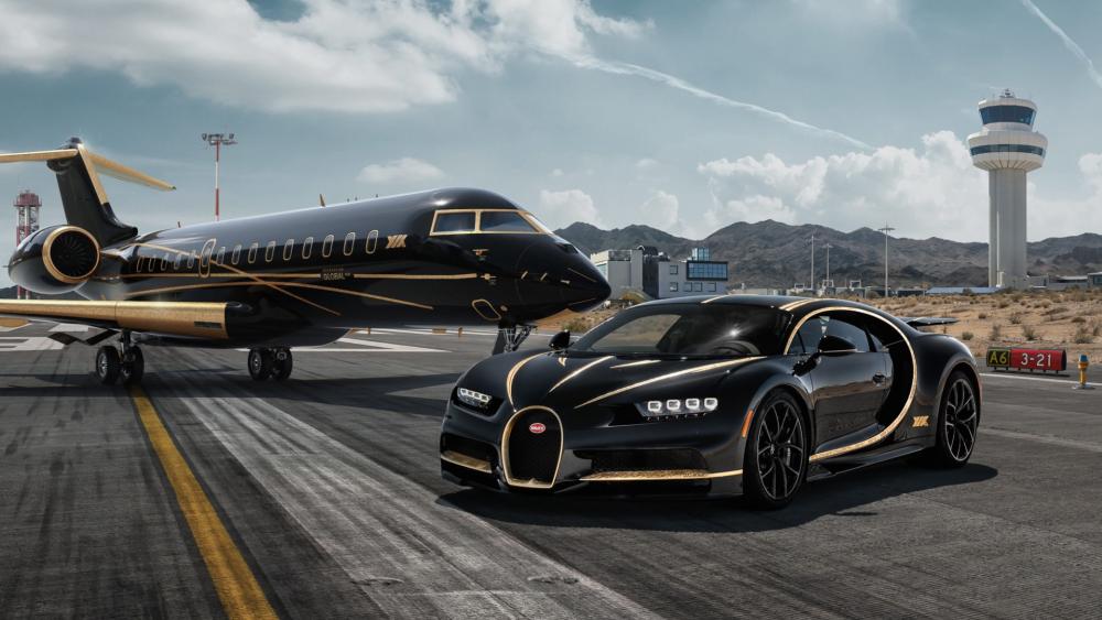 Luxury Car and Jet on Tarmac Scene wallpaper