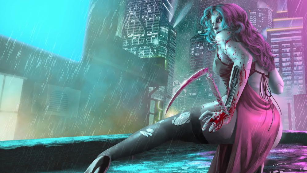 Cyberpunk Siren Amidst Neon Rain wallpaper